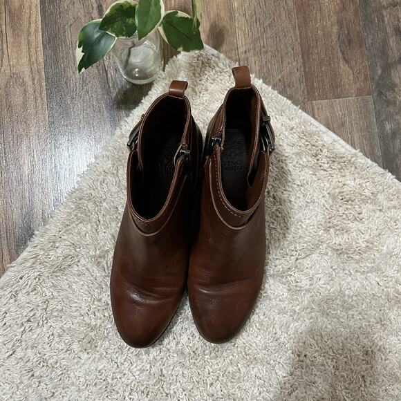 Vince Camuto Size 8 M Cognac Leather Buckle Block Heel Peamer Ankle Boots - Picture 6 of 8